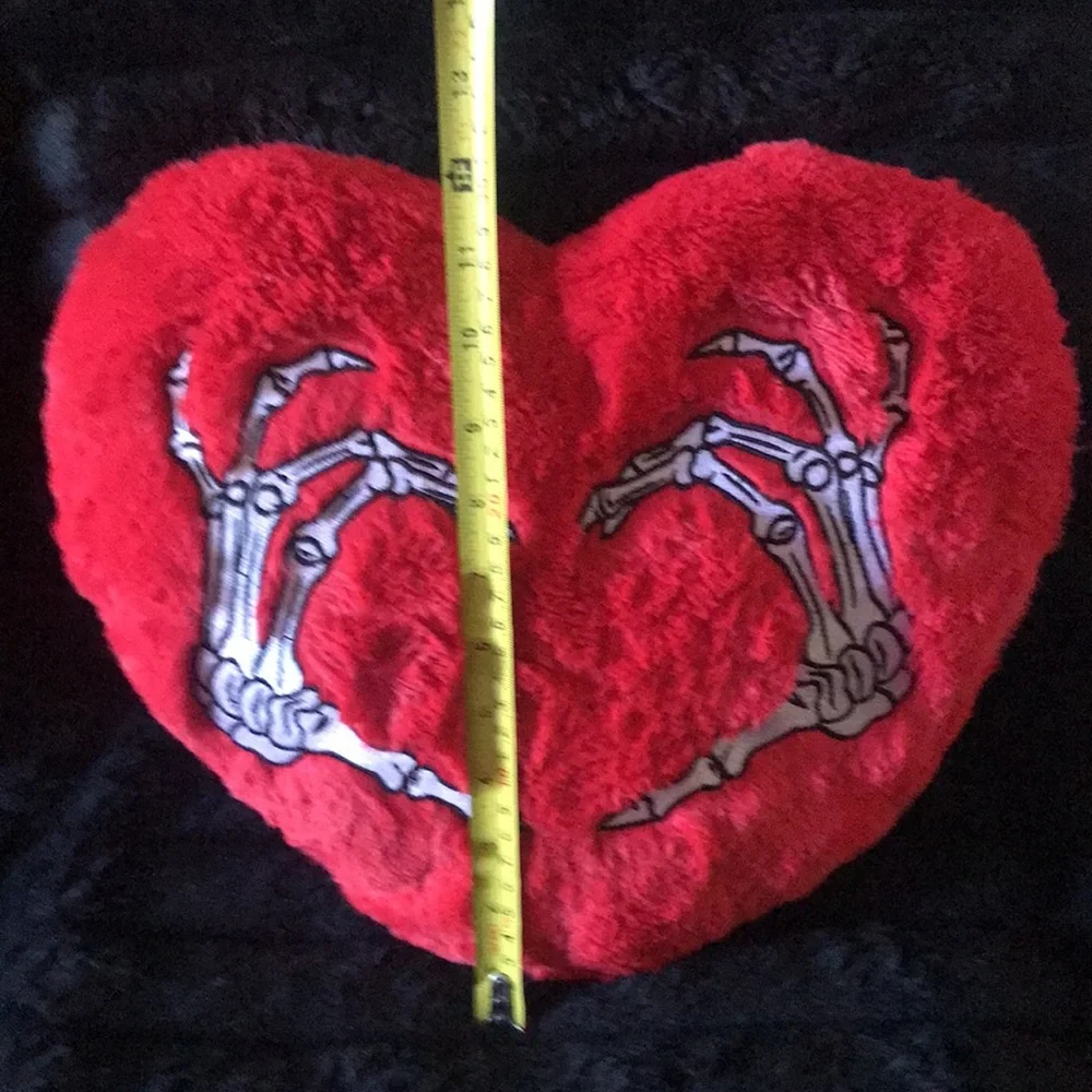 Plush Red Heart Pillow with Skeleton Hand Design - Home Holiday